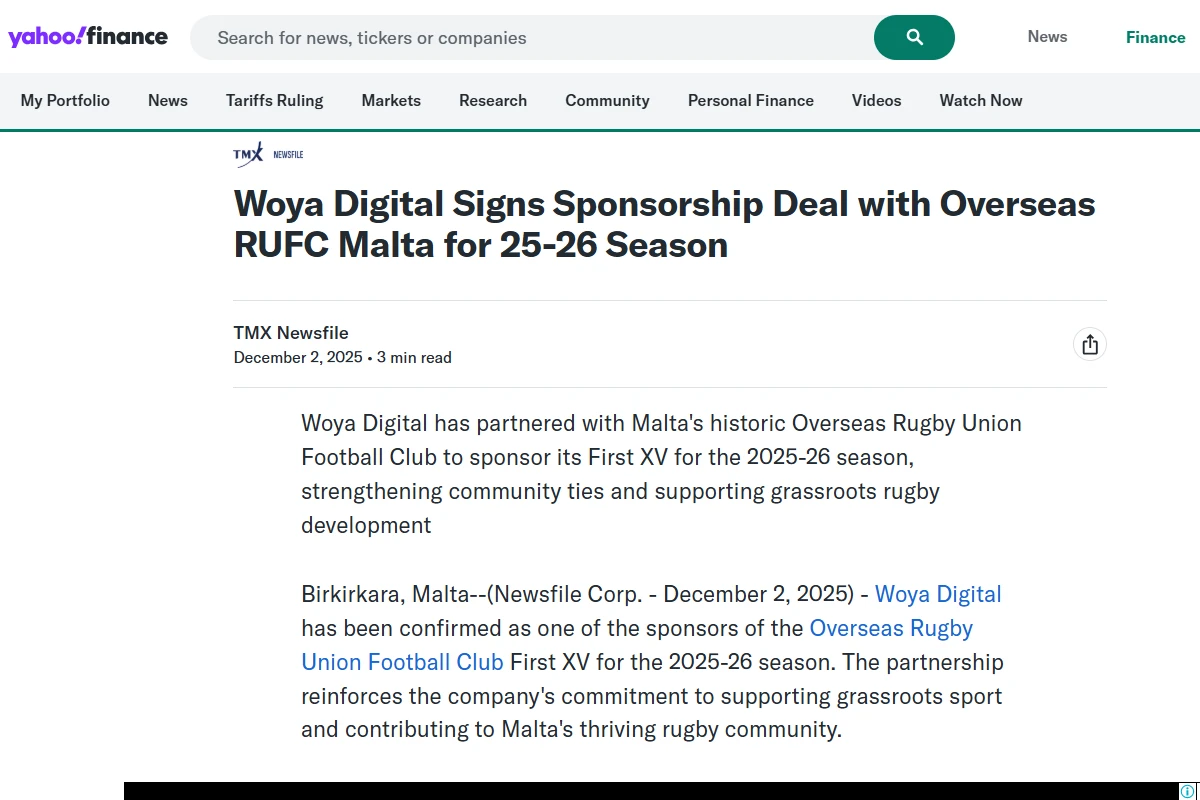 Woya Digital Signs Sponsorship Deal with Overseas RUFC Malta for 25–26 Season