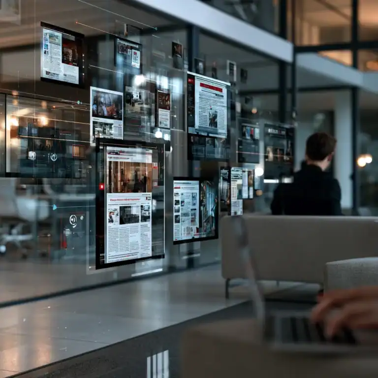 Digital PR display with multiple screens showcasing online media content.