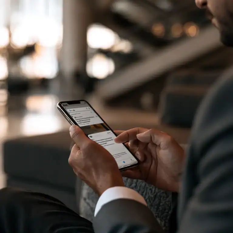 Person using a smartphone in a modern indoor setting.