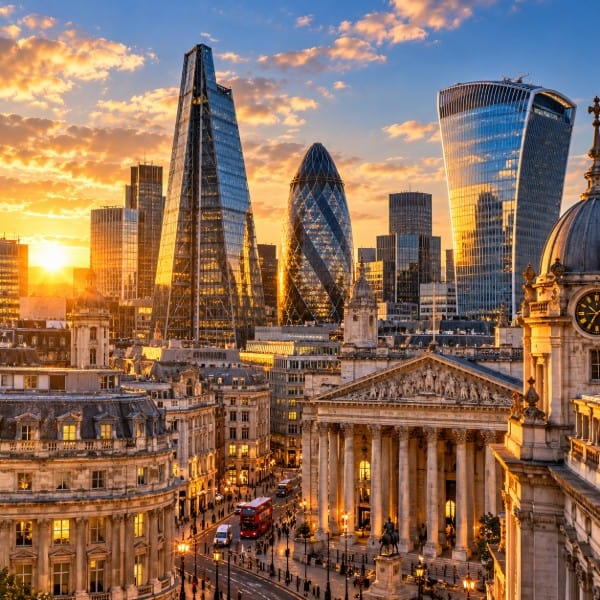 London skyline at sunset with iconic skyscrapers and historic buildings.